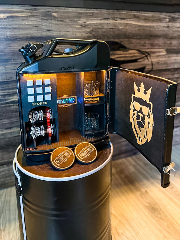 Jerry can mini bar. Matte black + wood inside. Custom original gift for a man, fuel bar, canister, camping bar.
