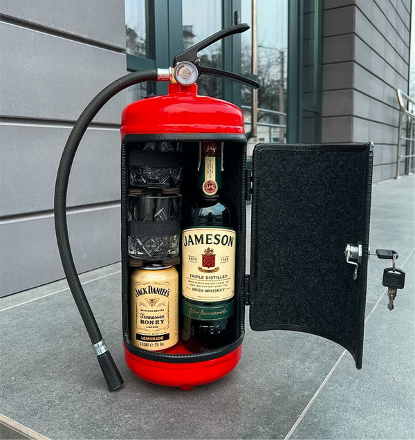 Fire extinguisher bar with coasters and whiskey stones