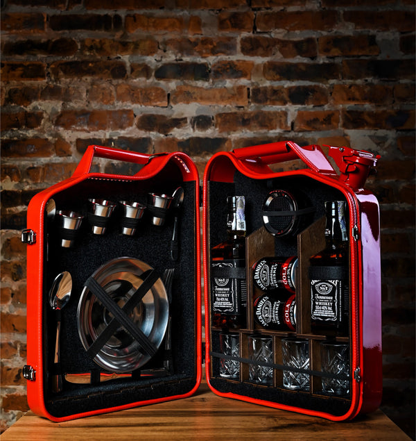 Red Jerrycan Mini Bar set for picnic for 4 with Bluetooth speaker