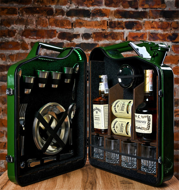 Green glossy Jerrycan Mini Bar set for picnic for 4 with Bluetooth speaker
